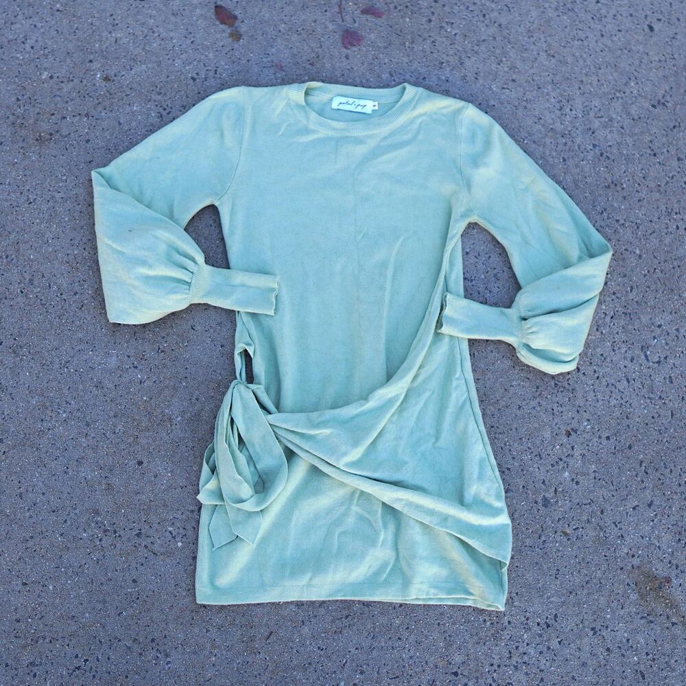 Petal + Pup Sage Green Knit Mini Dress 6 Tie Side Draped Balloon Sleeve Soft